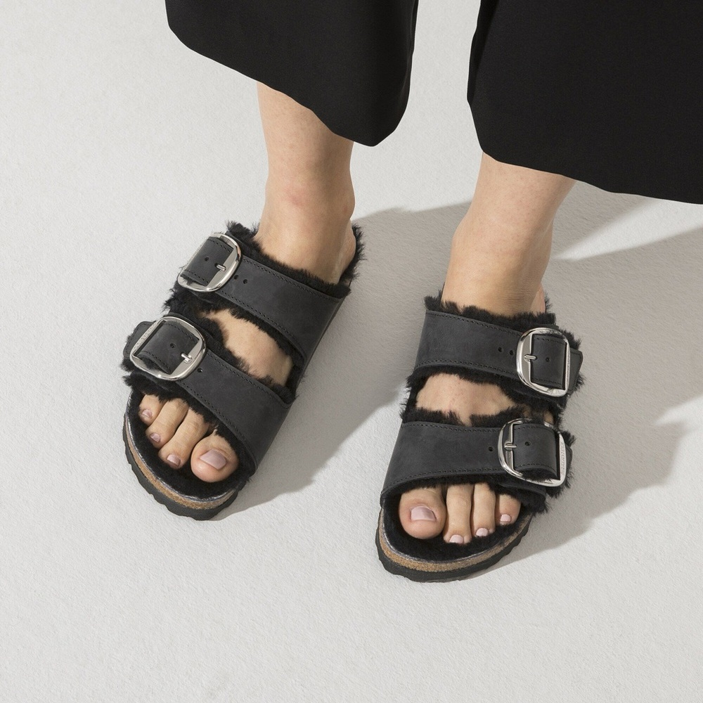 Birkenstock Arizona Big Buckle Shearling Black NWT Women’s Size 36 Two Strap - Picture 11 of 12